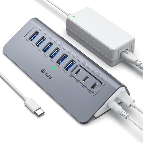Powered USB Hub 10Gbps, intpw YH6AC 9-Port USB Splitter with USB A/USB C 3.2, 4 USB 3.0, 2 PD 45W Charging Ports, 65W Power Adapter + 3.3FT Cable, Aluminum USB Extender Hub for Laptop, PC,iPhone 17/16 - color: Gray, size: 9 Port