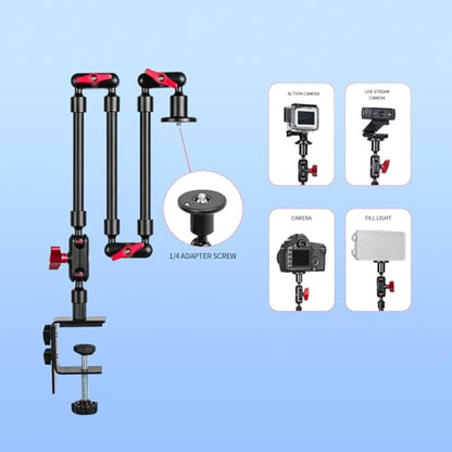 Magic Arm with Clamp, Long Articulating Arm Camera Mount, Adjustable Phone Mount Holder 360° Rotation, Mic Arm for Microphone, LED Lights, for Phone, Tripod, Desk, Table - size: 32"+clamp+phone clip