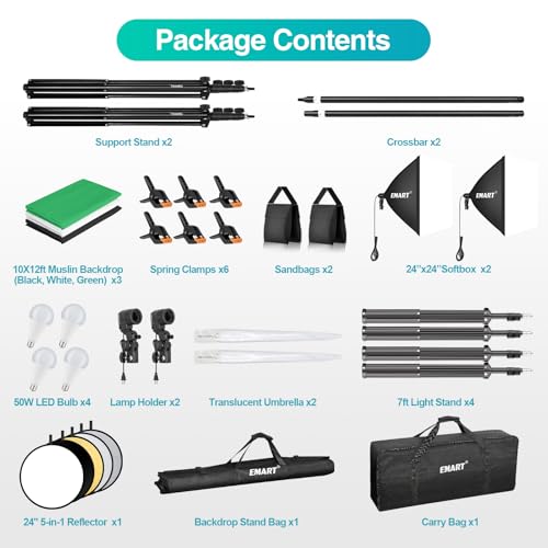 EMART 8.5 x 10 ft Backdrop Support System, Professional Photography Lighting Kit with 50W LED Blub, Reflector, 10*12ft Backdrop *3, Umbrellas&Softbox Lighting Kit for Studio, Portrait, Video Shooting