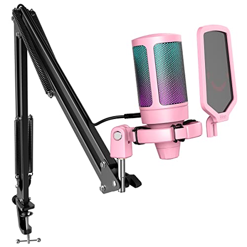 FIFINE Gaming USB Microphone Kit, PC Streaming Recording Computer RGB Microphone Set for Podcasting, Singing, YouTube, Condenser Cardioid Mic with Quick Mute, Gain Knob-A6T Pink - color: Pink