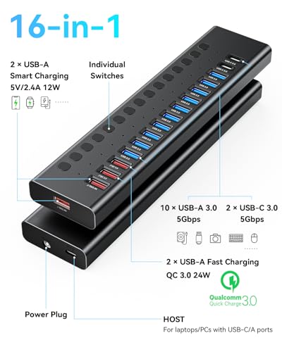 Powered USB Hub, AGEEN 16-Port USB 3.0 Hub (10 USB-A 3.0+2 QC 24W Fast Charging+2 Smart Charging+2 USB-C 3.0 Ports), 12V/8A 96W UL Certified Power Adapter for PC, Laptop, HDD, Flash Drive