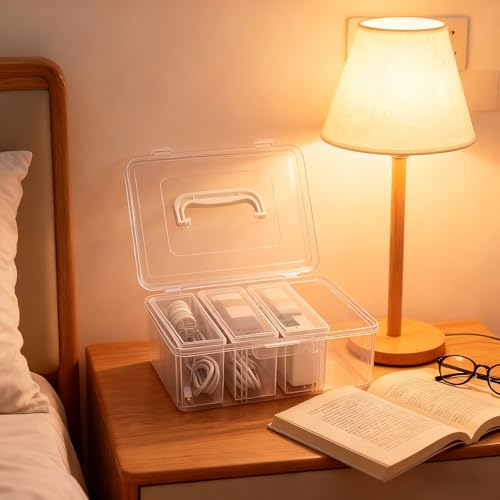 RayHenry Cable Organizer Box with Lid & Handle, Desktop Cord Management Storage with 3 Clear Switch Cases for Chargers, Cables, Jewelry, Hair Ties