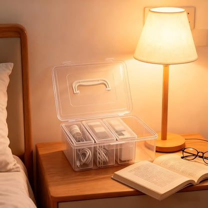 RayHenry Cable Organizer Box with Lid & Handle, Desktop Cord Management Storage with 3 Clear Switch Cases for Chargers, Cables, Jewelry, Hair Ties