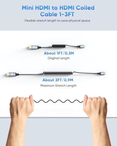 4K Mini HDMI to HDMI Coiled Cable 1FT-3FT for Camera Field Monitor, HDMI to Mini HDMI Coiled Cable Short [Aluminum Shell] 4K@60Hz, 2K, 1080P, HDR, ARC for DSLR, Portable Monitor, Laptop