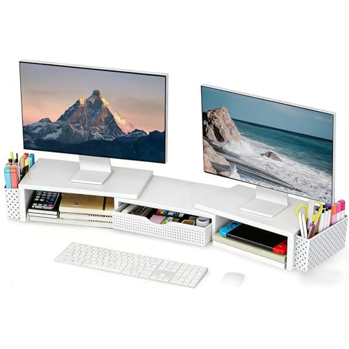 Spacrea Metal Desk Organizers and Accessories, Dual Monitor Stand Riser with Drawer and 2 Pen Holders, Desk Accessories & Workspace Desktop Organizers for Office Supplies (White) - color: White