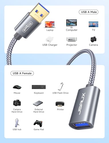 JSAUX USB 3.0 Extension Cable 0.5M, USB A Male to Female Extension Cord Durable Braided Material Fast Data Transfer Compatible with USB Keyboard, Flash Drive, Hard Drive, Xbox-Grey - size: 1.6FT