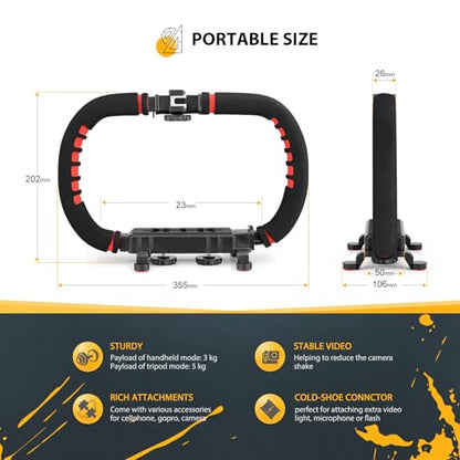 Zeadio Handheld Video Stabilizer Rig, Portable Camera Stabilizer Handle Grip with Cold Shoe Mounts, Phone Holder, Action Camera Adapter for Smartphone, DSLR Camera, Action Camera, Camcorder etc