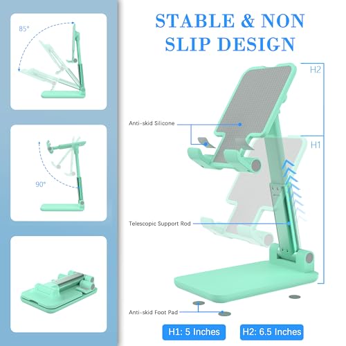Cell Phone Stand, Adjustable Angle and Height Cell Phone Holder for Desk, Foldable and Portable, Anti-Slip Silicone Pad, Compatible with All Mobile Phones and 4-8 Inch Devices (Green&Green) - color: Green&Green