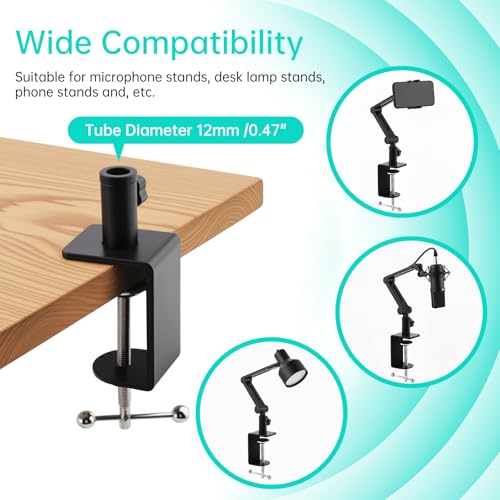 Heavy Duty Metal Desk Clamp,Upgrad C-Clamp Mount for Mic Boom Arm Desk Lamp | 12mm mounting hole. Rubber-lined jaws prevent wear.Fits max 58mm Desk. Quick knob adjustment. For mic arms/phone stands/lamps - color: Black