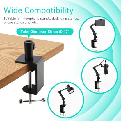 Heavy Duty Metal Desk Clamp,Upgrad C-Clamp Mount for Mic Boom Arm Desk Lamp | 12mm mounting hole. Rubber-lined jaws prevent wear.Fits max 58mm Desk. Quick knob adjustment. For mic arms/phone stands/lamps - color: Black