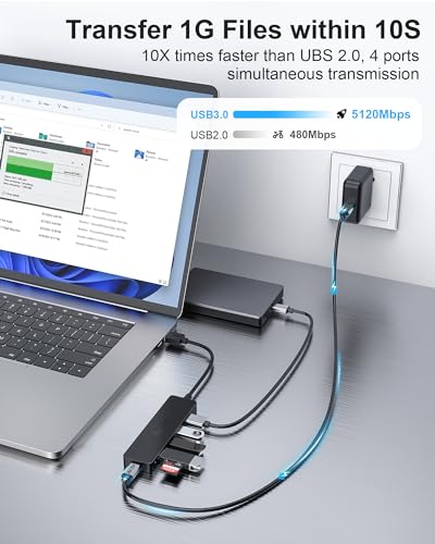 Aceele 4-Port USB 3.0 Hub, Ultra-Slim USB Hub with USB-C Powered Port[Charging/Monitor Not Supported], USB Port for MacBook, Mac Pro, iMac, Mac mini, XPS, PC, Laptop, Flash Drive, Mobile HDD - style: 0.5ft (4A)