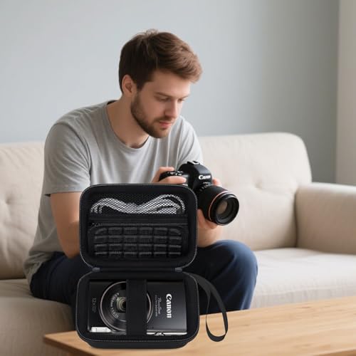 Elonbo Carrying Case for Canon PowerShot ELPH 360 HS A/ 360 HS/ 360/ IXY 650 Digital Camera, Canon PowerShot ELPH 330/190/160/115/130/110 Camera Hard Travel Bag, Mesh Pocket fits Battery Cable, Black - color: Black