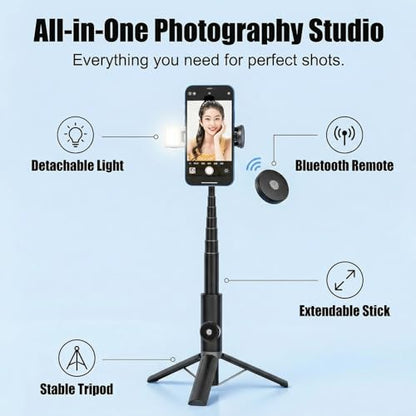 Selfie Stick Tripod Portable Extendable Cell Phone Stand with Detachable Mini Ring Light Phone Tripod Stand with Bluetooth Remote for iPhone Android for Vlogging/Travel/Live Streaming (Black) - color: Black