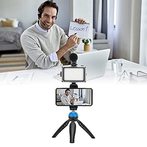 Portable Live Video Kit with Fill Light, Cardioid Microphone, Tripod and Phone Holder for Mobile Photography Streaming Vlogging Blue - color: Blue