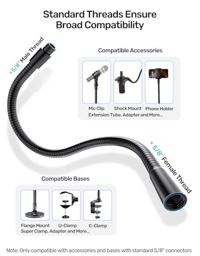 19-inch Microphone Gooseneck (5/8"-27 Thread) - 360° Adjustment, Heavy Duty &Flexible Metal Extension Arm with High Load-bearing Capacity for Podium, Drum Mic Stand, Lecture and DIY, Black - size: 19 Inch Gooseneck