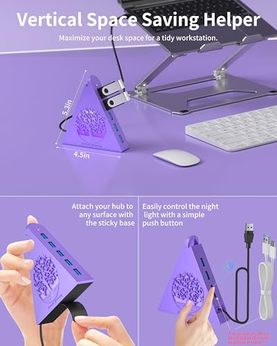 7-Port USB 3.0 Hub, Deep Purple Vertical USB Expander with Tree RGB Lighting, 5Gbps Data Transfer, 2FT Cable, Compatible with Laptop, Desktop, PS5, Xbox, Printer, Flash Drive, HDD - color: 3-Tree Deep Purple