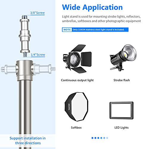 NEEWER 79"/2m Stainless Steel Light Stand, Spring Cushioned Heavy Duty Photography Tripod Stand with 1/4” to 3/8” Universal Screw Adapter for Strobe, LED Video Light, Ring Light, Monolight, Softbox - style: ST-200SS