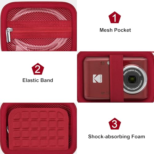 Canboc Carrying Case for Kodak PIXPRO FZ55/ FZ45 16MP Digital Camera, FZ45 Video Vlogging Camera Bag, Mesh Pocket fit Cable, SD Card, Red (Case Only) - color: Small-Red