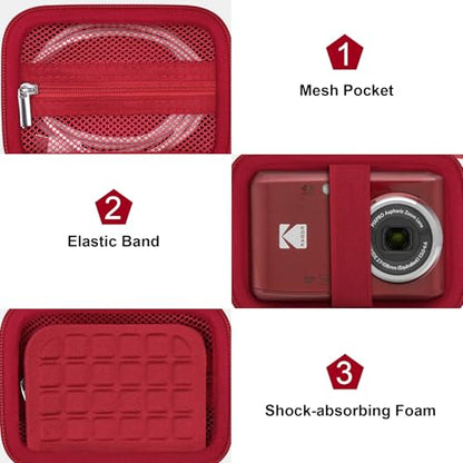 Canboc Carrying Case for Kodak PIXPRO FZ55/ FZ45 16MP Digital Camera, FZ45 Video Vlogging Camera Bag, Mesh Pocket fit Cable, SD Card, Red (Case Only) - color: Small-Red