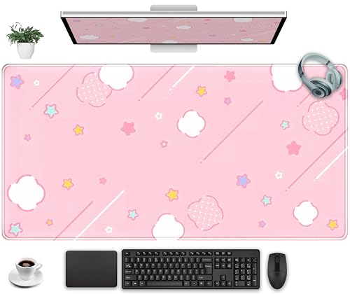 Pink Mouse Pad Large Desk Mat Gaming, Kawaii Desk Pads Stars Mouse Mat XXL Cute Keyboard Pad, Laptop Computer Mat with Non-Slip Base & Stitched Edges, Office Decor for Women 31.5" x 15.7" - color: Pastel Star Grid