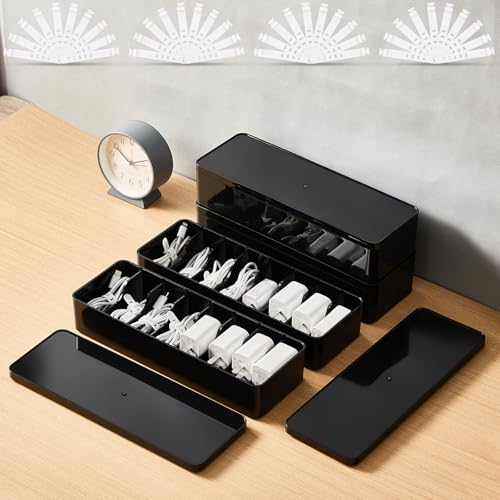 Tatuo 4 Pcs Cord Organizer for Drawer Desktop, Cable Organizer Box with 8 Compartments and Wire Ties, Plastic Charger Storage with Lid, Electronics Case for Home Office Accessories (Small,Black) - color: Black