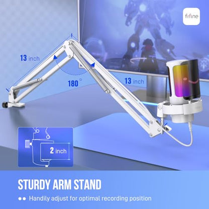 FIFINE Gaming PC USB Microphone Kit, Condenser RGB Mic with Metal Boom Arm, Mute, Gain Knob, Headphones Monitoring, Streaming Microphone Bundle for PS4/PS5, YouTube, Discord, Twitch-A8T White - size: A8TW-Boom Arm