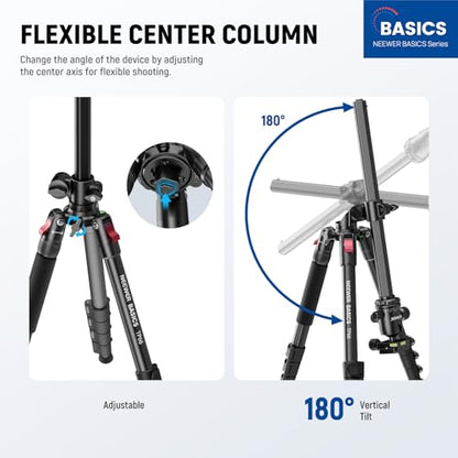 NEEWER Basics 64.5" Horizontal Overhead Tripod with Ball Head/Cell Phone Holder Compatible with iPhone Video Recording, Aluminum Travel Stand Camera Monopod, 360° Pan 180° Tilt 22lb/10kg Load, TP66