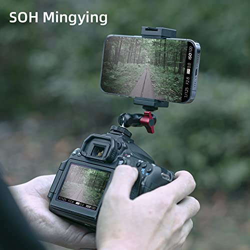 SOH Hot/Cold Shoe Phone Mount Holder, Universal 2 Ball Head Smartphone Mount Adapter, Cold Shoe Phone Clip Mount for iPhone 17/16/15, DSLR Camera LCD Camera Cage Flash LED Light Microphone and More - color: BLACK&RED