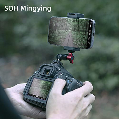 SOH Hot/Cold Shoe Phone Mount Holder, Universal 2 Ball Head Smartphone Mount Adapter, Cold Shoe Phone Clip Mount for iPhone 17/16/15, DSLR Camera LCD Camera Cage Flash LED Light Microphone and More - color: BLACK&RED