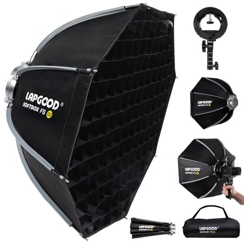 FS60 Softbox 60cm/23.6in, Quick Release Foldable Octagonal Softbox with Honeycomb Grid, S-Type Flash Bracket, Bowens Mount, and Carrying Bag – Soft Box for Studio Photography Video Flash - size: 23.6"/60cm