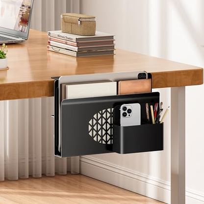 Desk Side Storage, Metal Laptop Holder with Magnetic Pen Box, Clamp-On Under Desk Organizer with Cooling Holes & Anti-Scratch Pads for Office and Home (Black) - color: Black