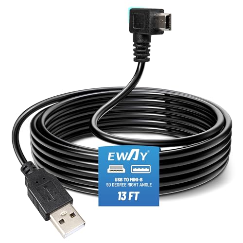 EWAY Mini USB Dash Cam Power Cable 13ft, for Rexing V1 Pro V5 V3 Byakov S6 Rove R2-4K Dashcam Dashboard Camera Recorder, USB 2.0 A to 90 Degree Right Angle Mini-B Charging Cord Car Charger Adapter