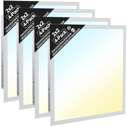 2x2 LED Flat Panel Light, Drop Ceiling Office Fixture, 4-Pack, 5W & 5CCT Selectable (15W–40W, 3500K–6500K), 0-10V Dimmable, Back-Lit, Flicker-Free, DLC & ETL Listed - size: 2x2FT-4pack