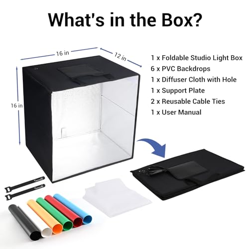 16x16x12 Photo Light Box with USB-C Cable, 18W Dimmable LED Photography Studio Box (CRI 97+, 3 Light Modes), Foldable Photo Booth with 6 Backdrops & Diffuser for Jewelry, Product Shots