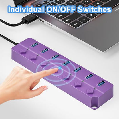 ONFINIO USB Hub 3.0, 7-Port USB Hub Splitter with Individual On/Off Switches and Lights, 3.2ft/1m Long Cable Compatible with MacBook, Laptop, Surface Pro, PS4, PC, Flash Drive, Mobile HDD-Purple - color: Purple