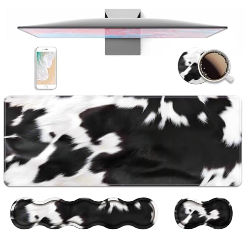 4 in 1 Ergonomic Keyboard Wrist Rest & Mouse Pad Wrist Rest Set, Large XXL Gaming Desk Mat 31.5"x 11.8" with Non-Slip Base, Memory Foam for Home Office Study Gaming, Black and White Cow Print - color: Black and White Cow Print