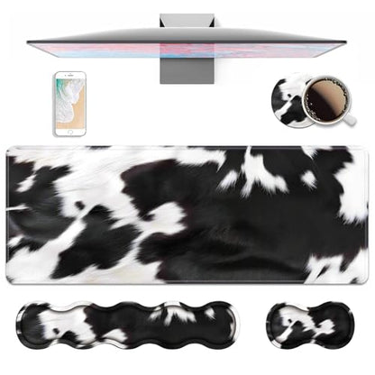 4 in 1 Ergonomic Keyboard Wrist Rest & Mouse Pad Wrist Rest Set, Large XXL Gaming Desk Mat 31.5"x 11.8" with Non-Slip Base, Memory Foam for Home Office Study Gaming, Black and White Cow Print - color: Black and White Cow Print