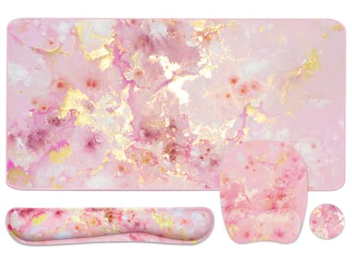 Keyboard Wrist Rest Large Mouse Pad Wrist Support for Computer, 4 in 1 Memory Foam Keyboard Pad Desk Mat Ergonomic Hand Rest Wrist Cushion for Home Office Gaming - Pink Gold - color: Pink Gold