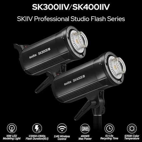 Godox SK400II-V 400Ws Photo Studio Strobe Monolight with Bowens Mount & LED | GN65, 0.1-1.5s Recycle Time, Bowens Mount, 10W LED Modeling Lamp for Studio Product Photography, Portraits Shooting, 110~120V
