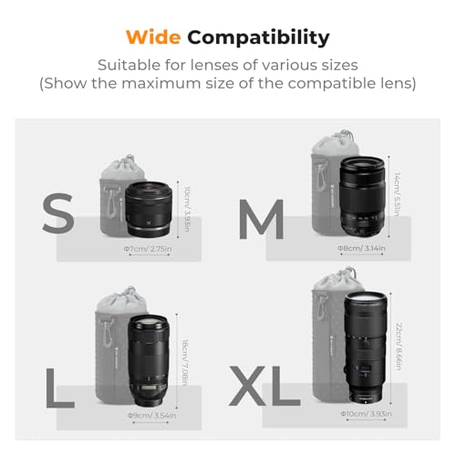 K&F CONCEPT 4 Pack Camera Lens Pouch Set, Drawstring Lens Protective Bag, Camera Lens Case for DSLR SLR Lens