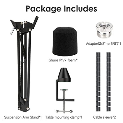 For Shure MV7 Boom Arm - Upgraded Mic Arm with Reduce Wind Noises Mic Foam Cover, Mic Stand with Cable Management, 3/8" to 5/8" Adapter Compatible with Most Microphone - color: MV7 Mic Stand