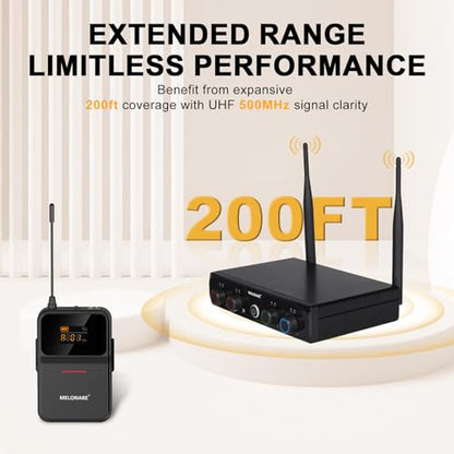 MELONARE 4-Channel Wireless Microphone System,UHF Compact Cordless Mic Set w/ 4x10 Frequencies, 200ft Range, 4 Bodypacks & Headset/Lapel Microphones for Singing, Church, Conference (MWM-41-4B) - size: 4 Bodypack Mics