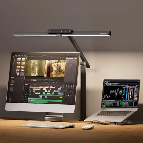 Honeywell LED Desk Lamp with Clamp - HJ1 Sunturalux Eye-Caring Clip on Lights for Home Office, 1200LM Clamp Lamp 4 Color Modes Stepless Dimming Task Desk Light for Working Black - style: Black Clamp