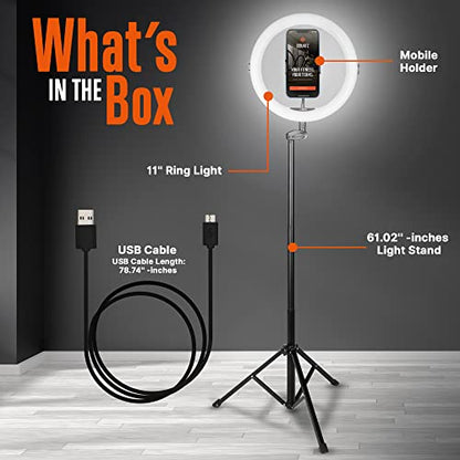 SQUATZ 11’’ LED 12W Selfie Ring Light with Wired Control, 3 Color Modes, 10 Brightness Levels, Tripod Stand with 6 Sections, Phone Holder, Adjustable Brightness Levels for Influencers, YouTube, TikTok