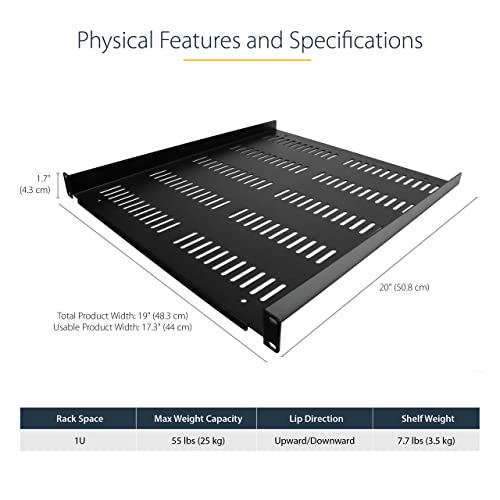 StarTech 1U Vented Rack Shelf, 19in, 55lb, 20in Deep (SHELF-1U-20-FIXED-V) | Universal vented cantilever tray for 19in network equipment rack and cabinet, 2.0mm cold-rolled steel, Airflow - size: 20", style: single