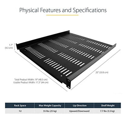 StarTech 1U Vented Rack Shelf, 19in, 55lb, 20in Deep (SHELF-1U-20-FIXED-V) | Universal vented cantilever tray for 19in network equipment rack and cabinet, 2.0mm cold-rolled steel, Airflow - size: 20", style: single