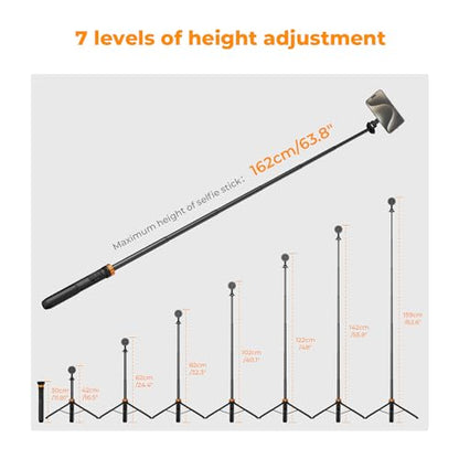 K&F CONCEPT 63'' Magnetic Selfie Stick Tripod, Lightweight Cellphone Stand with Wireless Remote, Compatible with iPhone 17 Pro Max/16/15/14/13/12 Series and All Phones - color: Black Orange