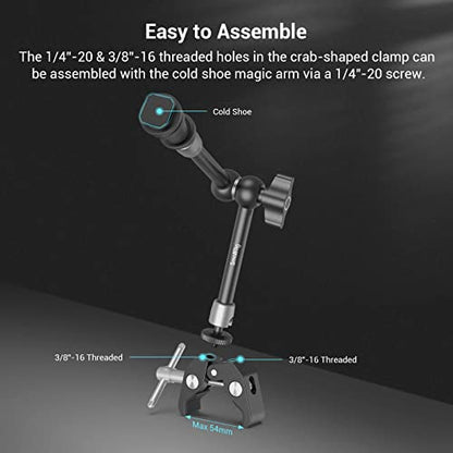 SMALLRIG 11'' Articulating Magic Arm and Clamp w/ 1/4" and 3/8" Thread, Adjustable Friction Power Camera Mount with Cold Shoe Mount for Monitor, LED Lights, Mic, for DJI/Insta360 Action Cameras - 3726