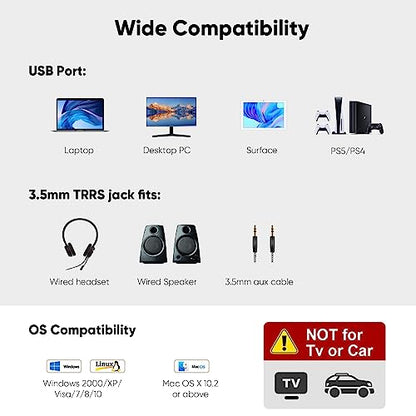 CableCreation USB Audio Adapter - External Sound Card with 3.5mm Headphone and Microphone Jack for Windows, Mac, Linux, PC, PS4, Laptops - Plug and Play, No Drivers Needed (White) - color: White, size: 1-Pack