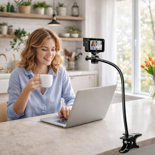 Universal 25 Inch Webcam Stand, Flexible Desk Mount Clamp Gooseneck Stand for Webcam, Camera, Microphone with 1/4" Tread